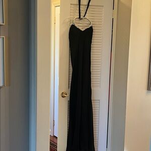 Elegant Black Halter Evening Dress with Rhinestone Detail